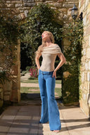 WRUP Denim - Belted Low Rise - Flare - Light Blue + Blue Stitching