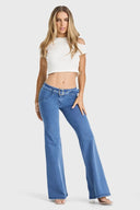 WRUP Denim - Belted Low Rise - Flare - Light Blue + Blue Stitching