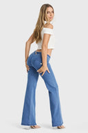 WRUP Denim - Belted Low Rise - Flare - Light Blue + Blue Stitching