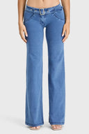 WRUP Denim - Belted Low Rise - Flare - Light Blue + Blue Stitching