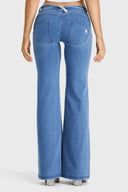 WRUP Denim - Belted Low Rise - Flare - Light Blue + Blue Stitching