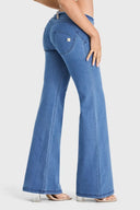 WRUP Denim - Belted Low Rise - Flare - Light Blue + Blue Stitching