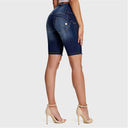 WRUP Denim - High Waisted - 3 Button Biker Shorts - Dark Blue + Yellow Stitching