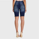 WRUP Denim - High Waisted - 3 Button Biker Shorts - Dark Blue + Yellow Stitching