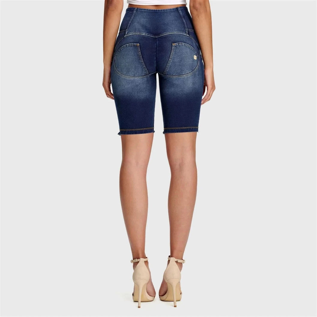 WRUP Denim - High Waisted - 3 Button Biker Shorts - Dark Blue + Yellow Stitching