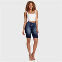 WRUP Denim - High Waisted - 3 Button Biker Shorts - Dark Blue + Yellow Stitching