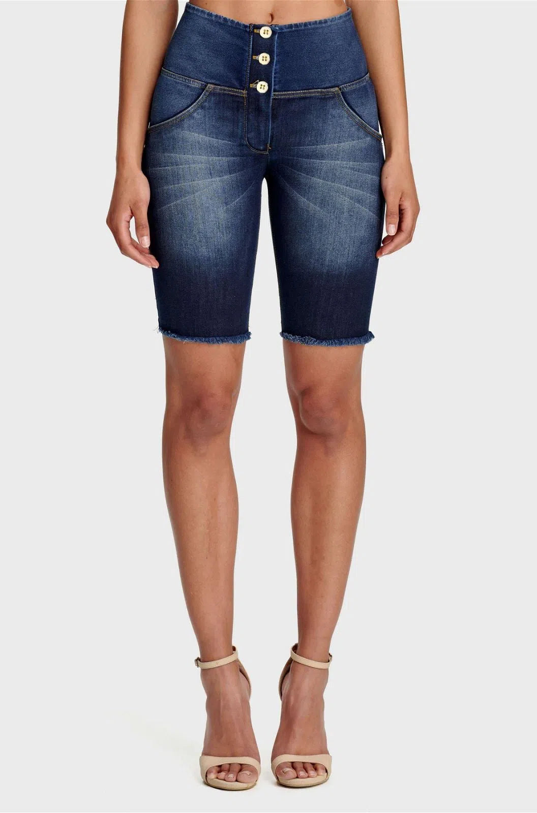WRUP Denim - High Waisted - 3 Button Biker Shorts - Dark Blue + Yellow Stitching