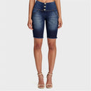 WRUP Denim - High Waisted - 3 Button Biker Shorts - Dark Blue + Yellow Stitching