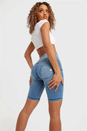 WRUP Denim - High Waisted - 3 Button Biker Shorts - Light Blue + Blue Stitching