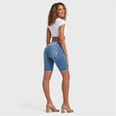 WRUP Denim - High Waisted - 3 Button Biker Shorts - Light Blue + Blue Stitching