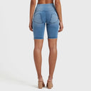 WRUP Denim - High Waisted - 3 Button Biker Shorts - Light Blue + Blue Stitching