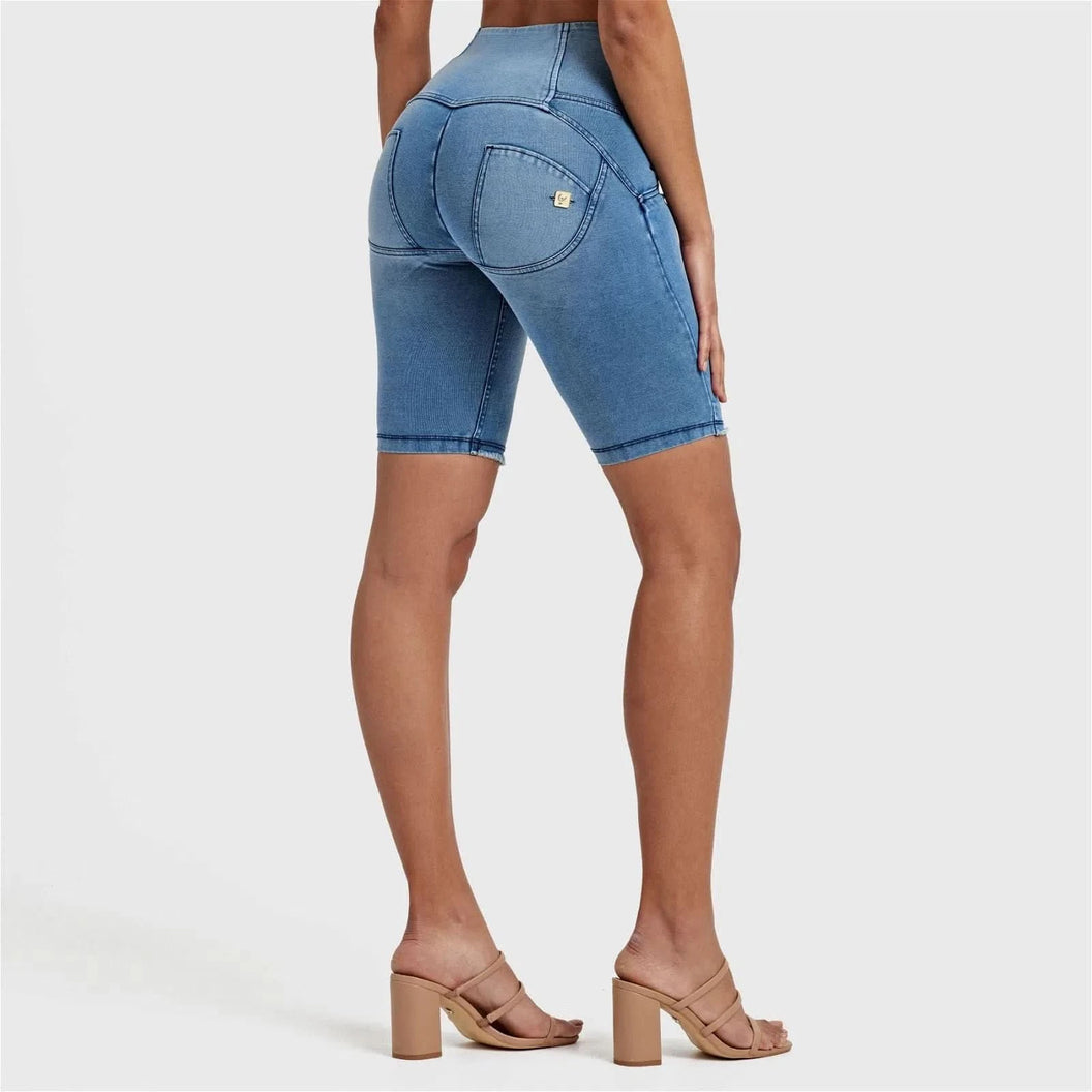 WRUP Denim - High Waisted - 3 Button Biker Shorts - Light Blue + Blue Stitching