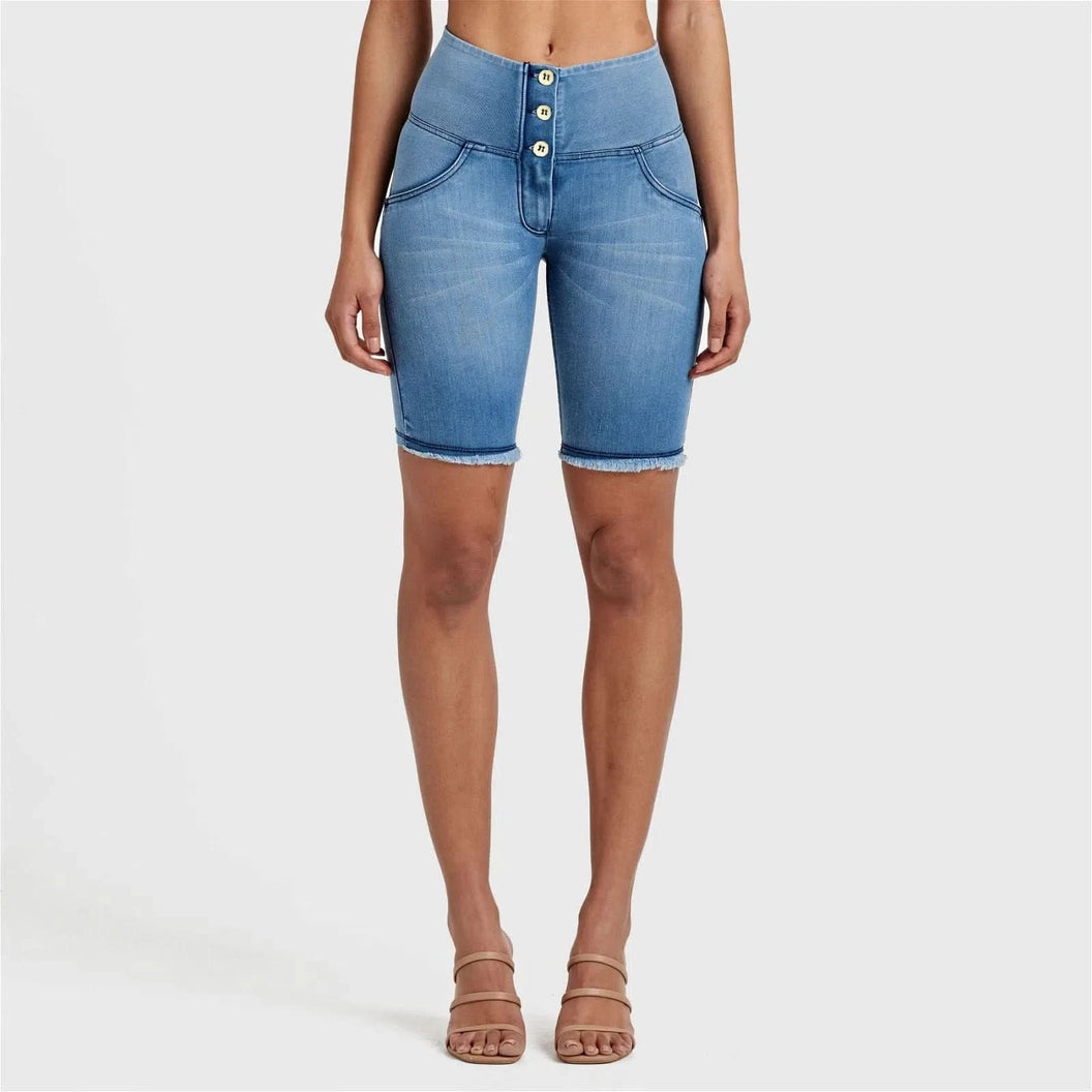 WRUP Denim - High Waisted - 3 Button Biker Shorts - Light Blue + Blue Stitching