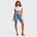 WRUP Denim - High Waisted - 3 Button Biker Shorts - Light Blue + Blue Stitching