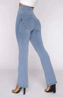 WRUP Denim - High Waisted - 7/8 Flare - Light Blue + Yellow Stitching