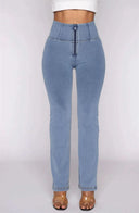 WRUP Denim - High Waisted - 7/8 Flare - Light Blue + Yellow Stitching