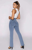 WRUP Denim - High Waisted - 7/8 Flare - Light Blue + Yellow Stitching