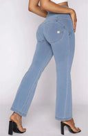 WRUP Denim - High Waisted - 7/8 Flare - Light Blue + Yellow Stitching