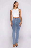 WRUP Denim - High Waisted - 7/8 Flare - Light Blue + Yellow Stitching