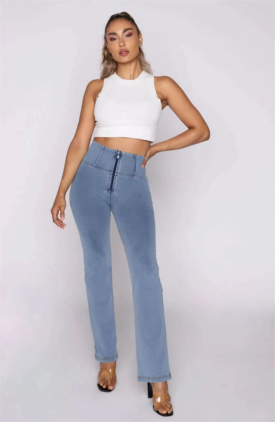 WRUP Denim - High Waisted - 7/8 Flare - Light Blue + Yellow Stitching 2