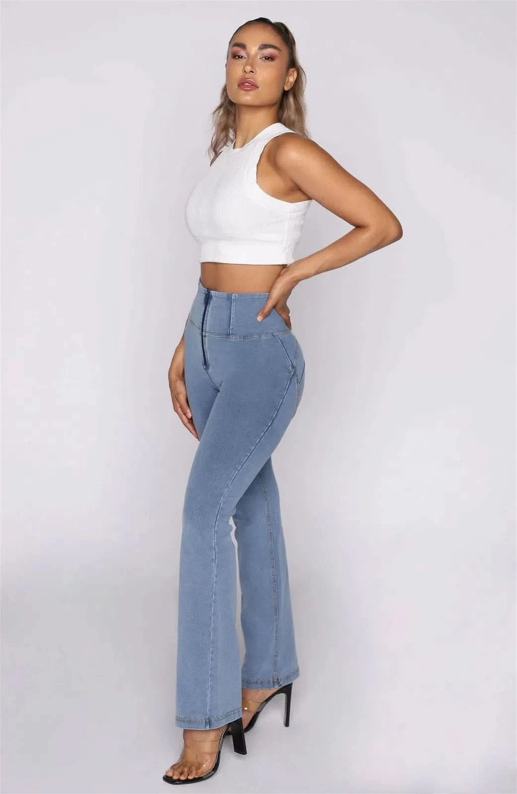 WRUP Denim - High Waisted - 7/8 Flare - Light Blue + Yellow Stitching 3