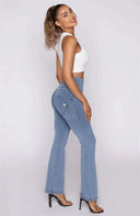 WRUP Denim - High Waisted - 7/8 Flare - Light Blue + Yellow Stitching