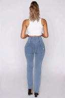 WRUP Denim - High Waisted - 7/8 Flare - Light Blue + Yellow Stitching