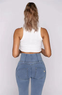 WRUP Denim - High Waisted - 7/8 Flare - Light Blue + Yellow Stitching