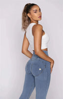 WRUP Denim - High Waisted - 7/8 Flare - Light Blue + Yellow Stitching