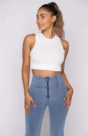 WRUP Denim - High Waisted - 7/8 Flare - Light Blue + Yellow Stitching
