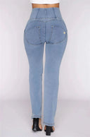 WRUP Denim - High Waisted - 7/8 Flare - Light Blue + Yellow Stitching