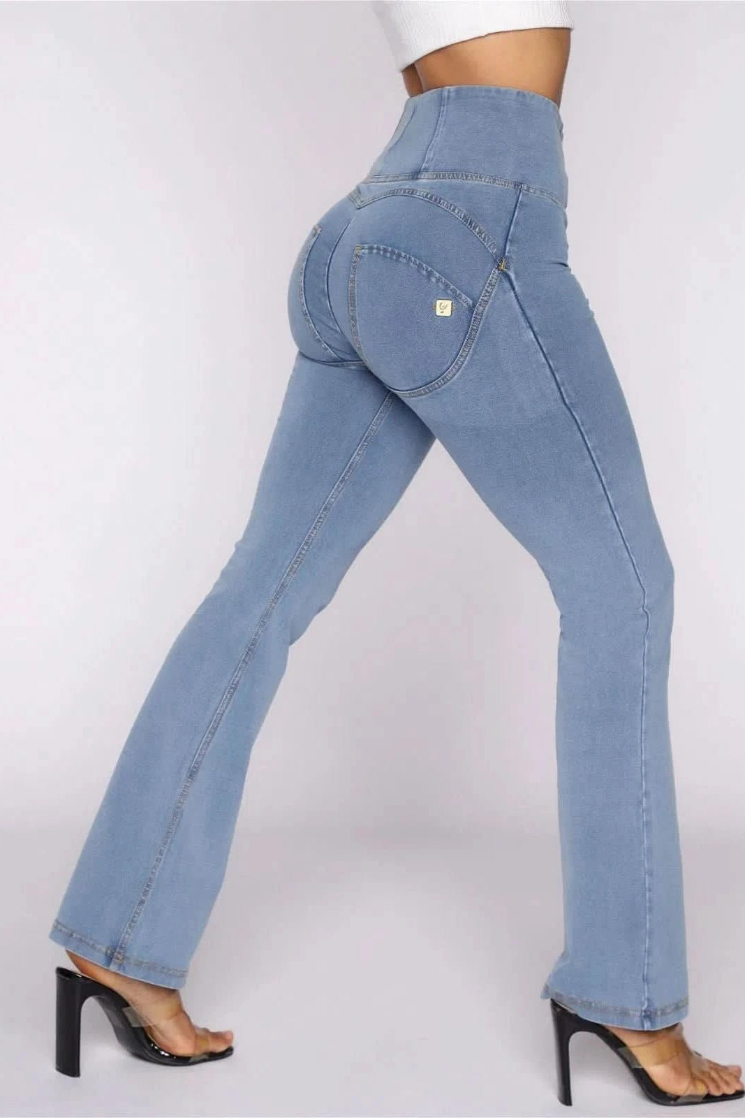 WRUP Denim - High Waisted - 7/8 Flare - Light Blue + Yellow Stitching 1