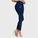 WRUP Denim - High Waisted - 7/8 Length - Dark Blue + Blue Stitching