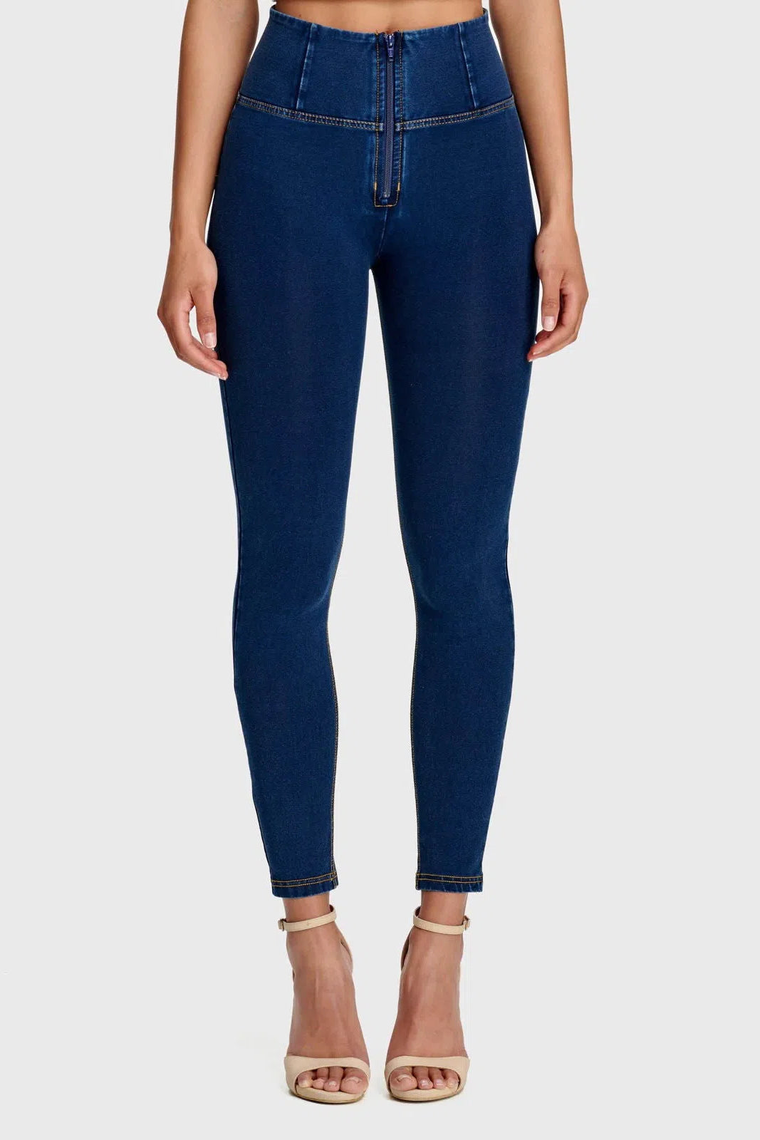 WRUP Denim - High Waisted - 7/8 Length - Dark Blue + Yellow Stitching 2