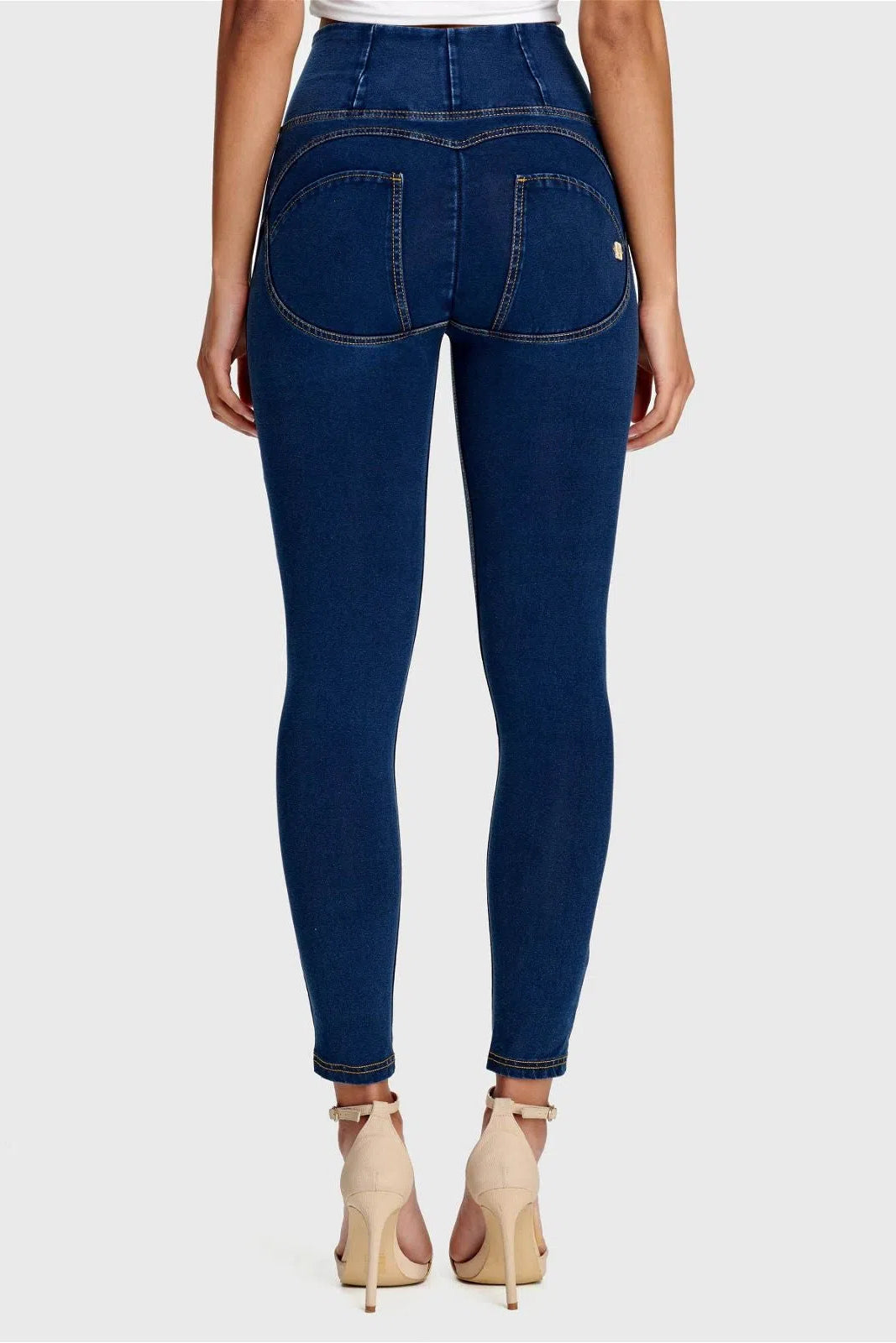 WRUP Denim - High Waisted - 7/8 Length - Dark Blue + Yellow Stitching 3