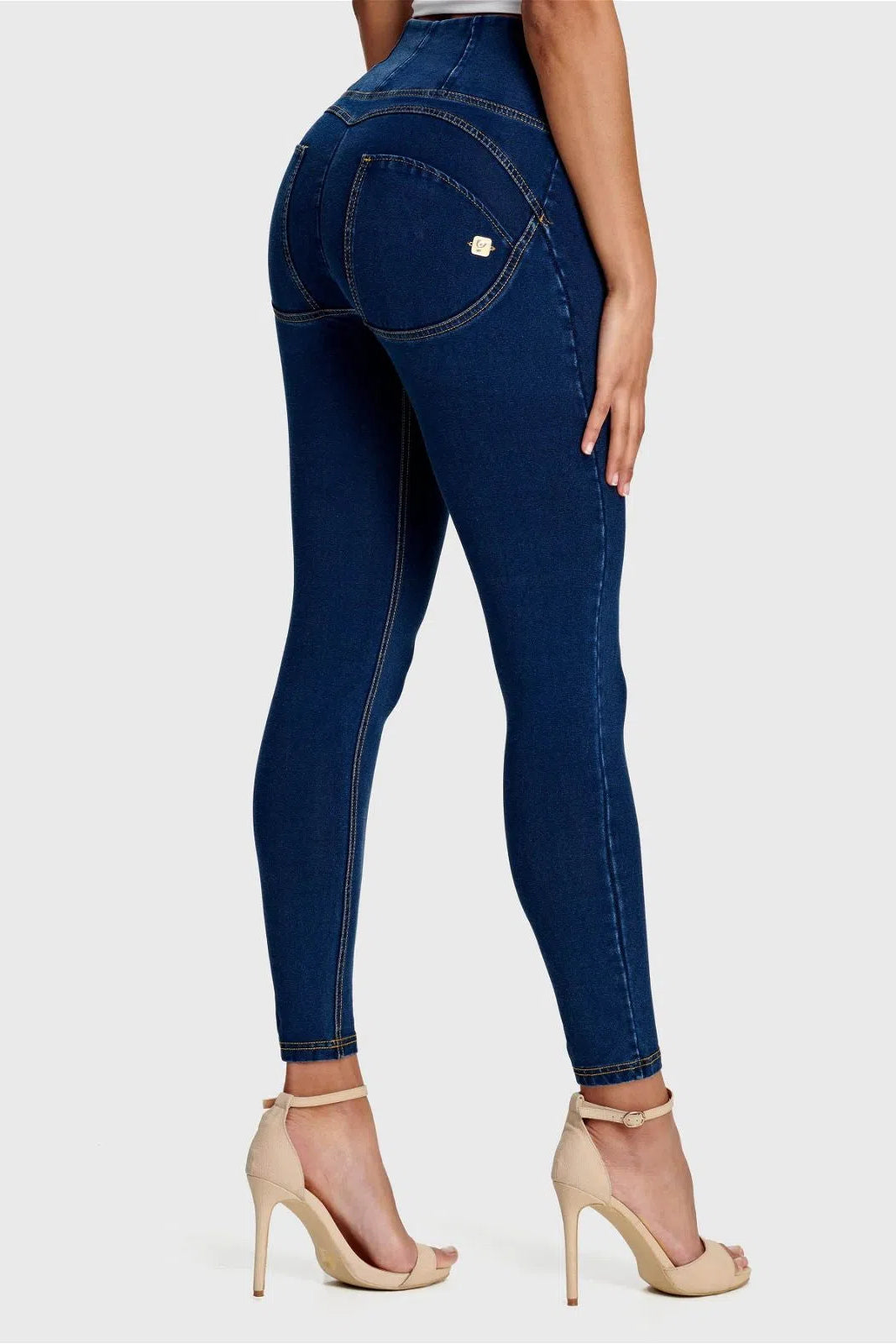 WRUP Denim - High Waisted - 7/8 Length - Dark Blue + Yellow Stitching 1