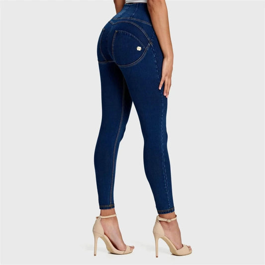 WRUP Denim - High Waisted - 7/8 Length - Dark Blue + Yellow Stitching