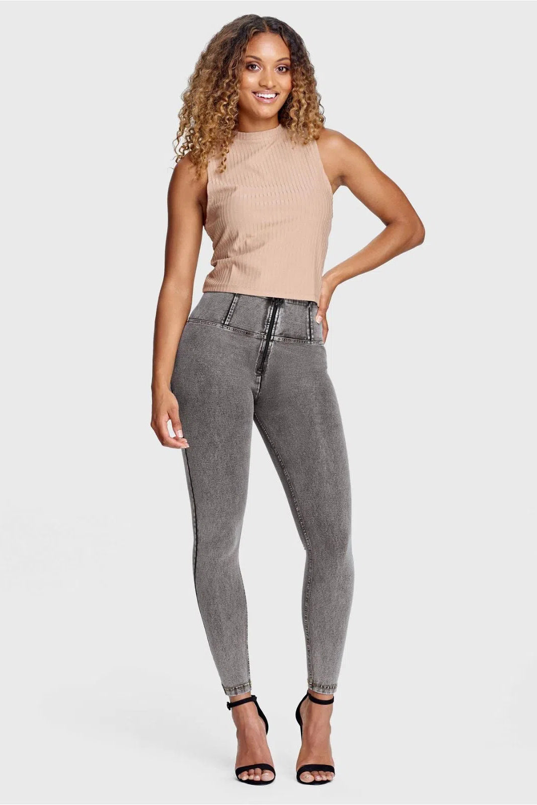 WRUP Denim - High Waisted - 7/8 Length - Grey + Yellow Stitching 2