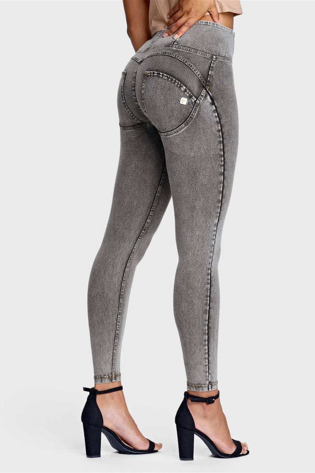 WRUP Denim - High Waisted - 7/8 Length - Grey + Yellow Stitching 1