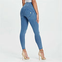 WRUP Denim - High Waisted - 7/8 Length - Light Blue + Blue Stitching