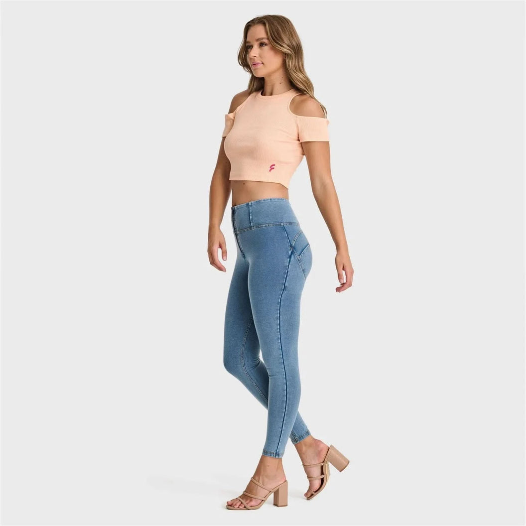 WRUP Denim - High Waisted - 7/8 Length - Light Blue + Yellow Stitching