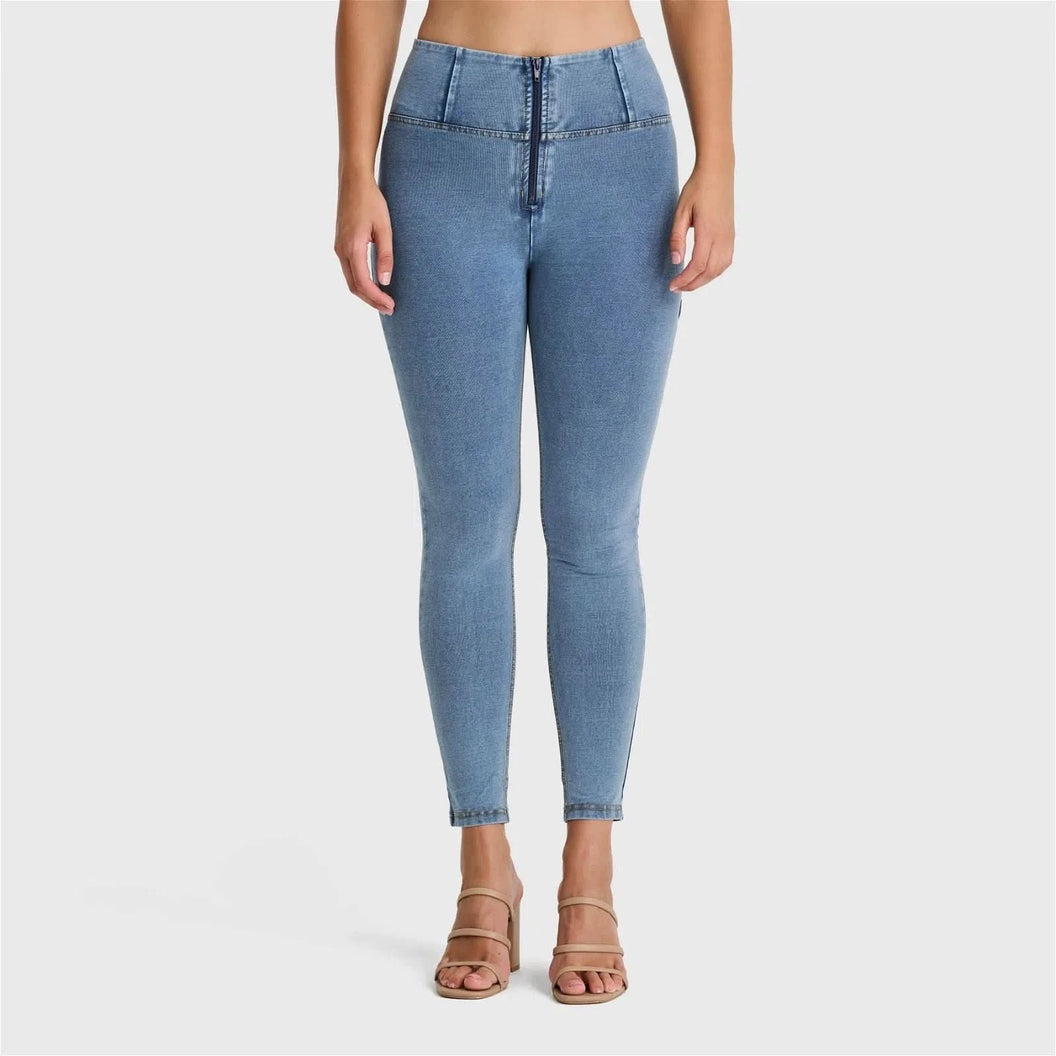 WRUP Denim - High Waisted - 7/8 Length - Light Blue + Yellow Stitching