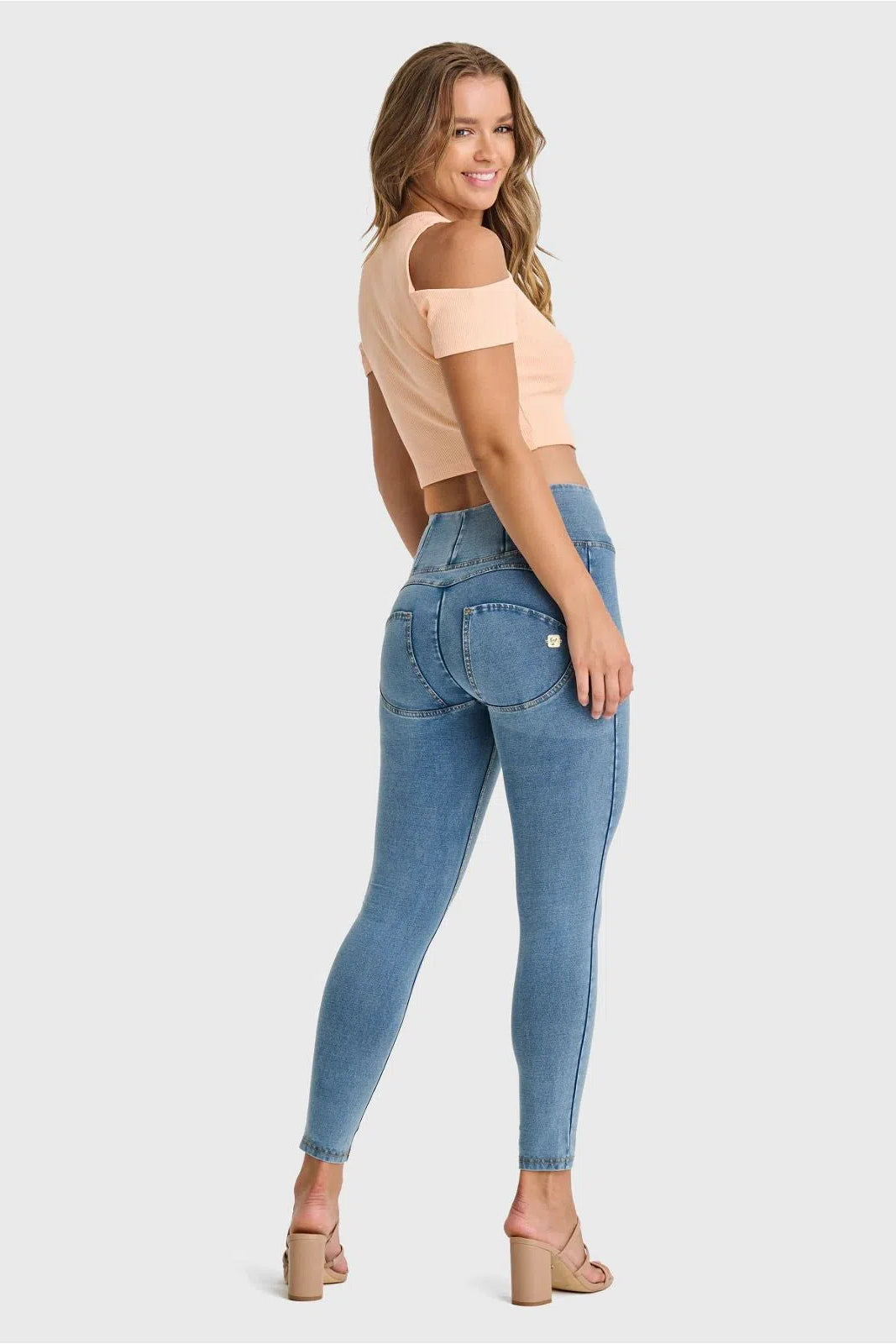 WRUP Denim - High Waisted - 7/8 Length - Light Blue + Yellow Stitching 1