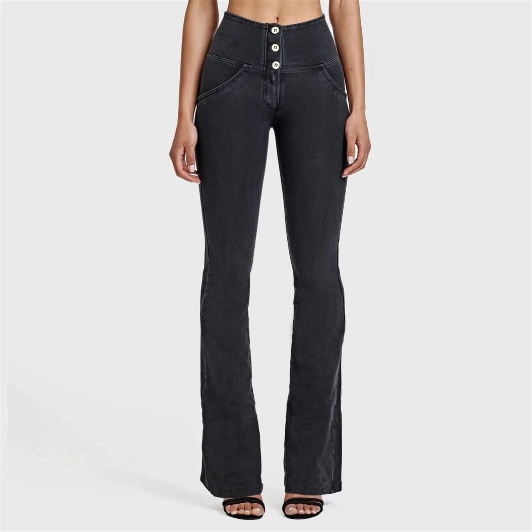 WRUP Denim - High Waisted - Bell Bottom Flare - Black + Black Stitching