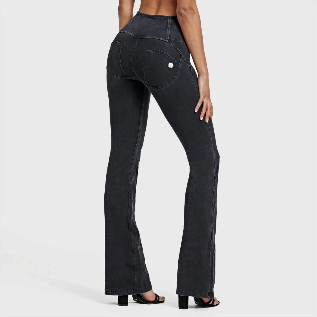 WRUP Denim - High Waisted - Bell Bottom Flare - Black + Black Stitching