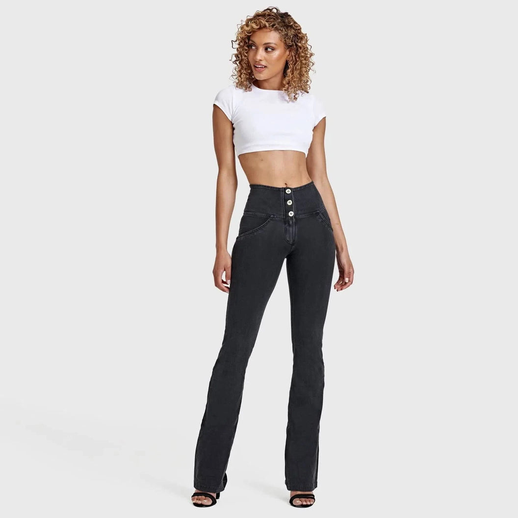 WRUP Denim - High Waisted - Bell Bottom Flare - Black + Black Stitching