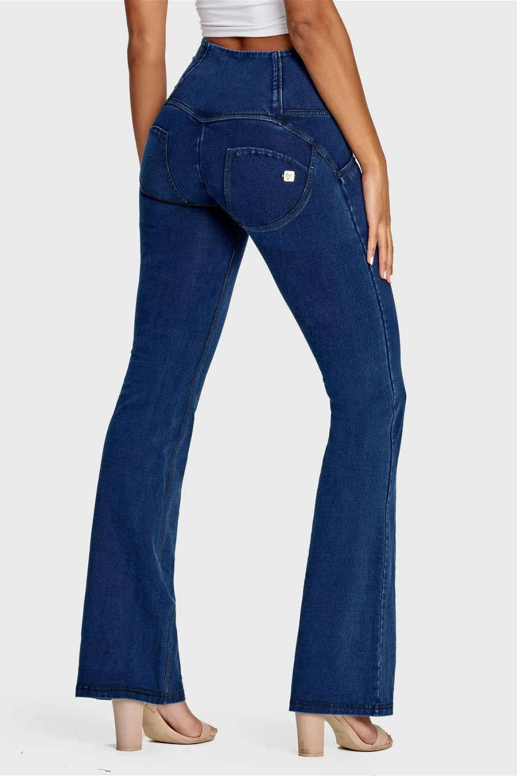 WRUP Denim - High Waisted - Bell Bottom Flare - Dark Blue + Blue Stitching 3