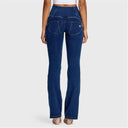 WRUP Denim - High Waisted - Bell Bottom Flare - Dark Blue + Yellow Stitching