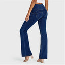WRUP Denim - High Waisted - Bell Bottom Flare - Dark Blue + Yellow Stitching