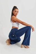 WRUP Denim - High Waisted - Bell Bottom Flare - Dark Blue + Yellow Stitching